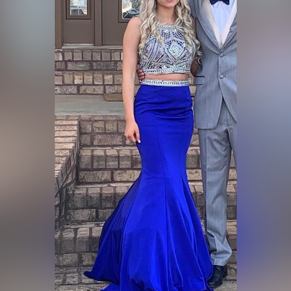 jovani prom dresses royal blue Jovani Royal Plunging Halter Neck Fitted Prom Dress – Saris and Things main image 1